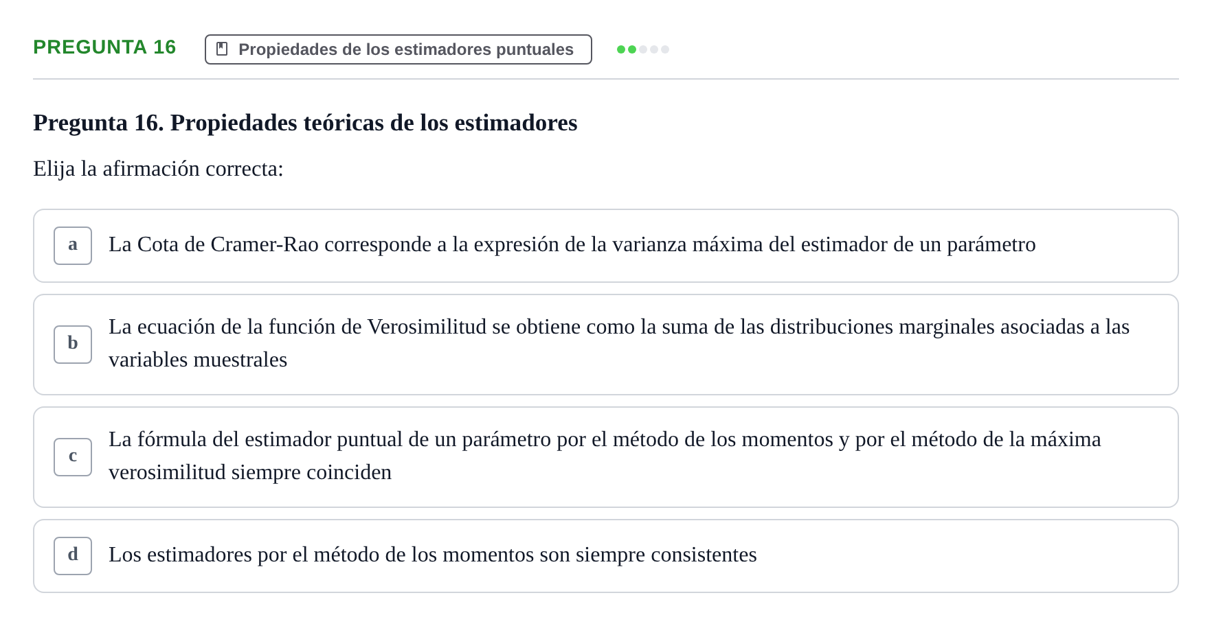 Enunciado: Pregunta 16 · Estadística II UB 2023