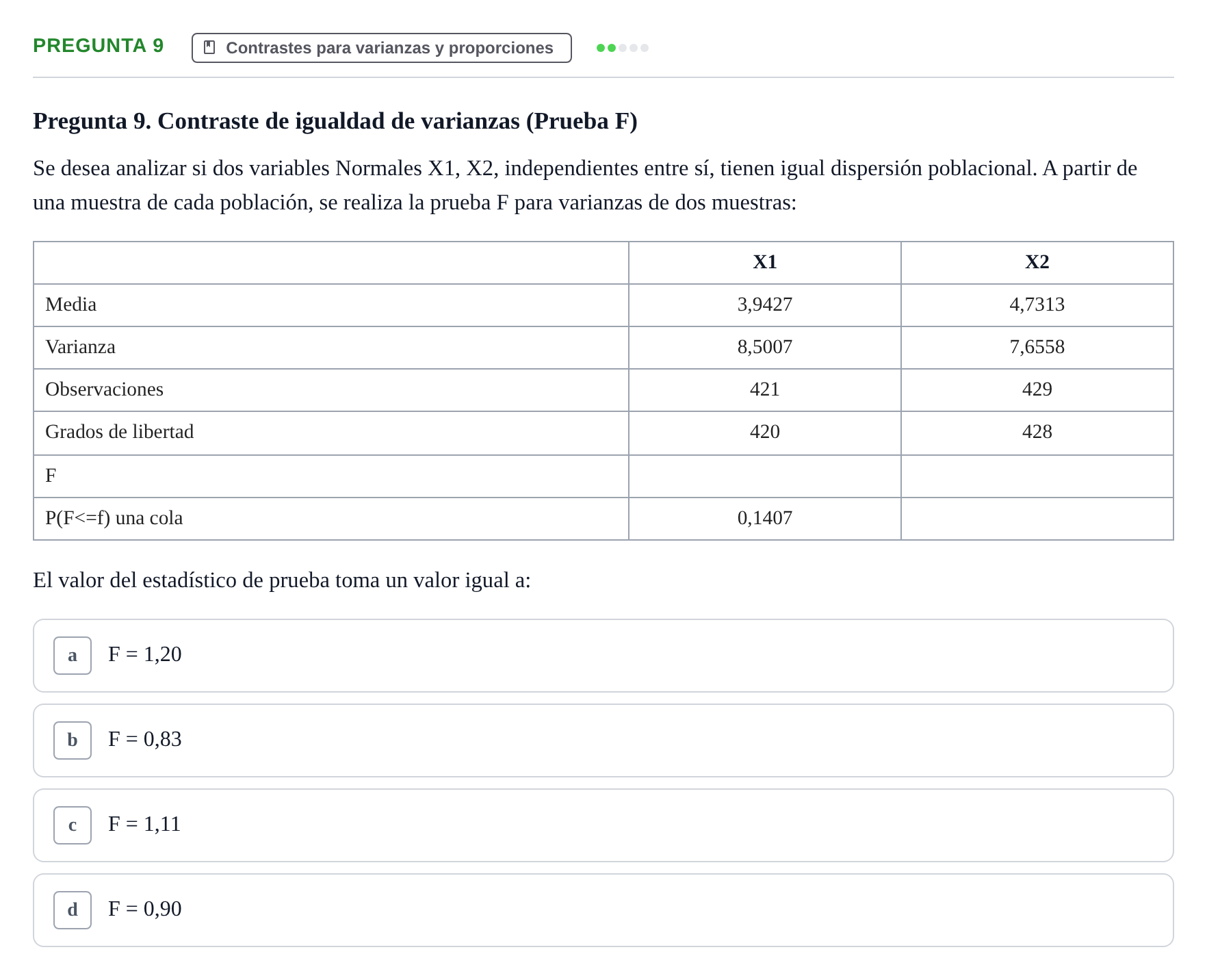 Enunciado: Pregunta 9 · Estadística II UB 2023