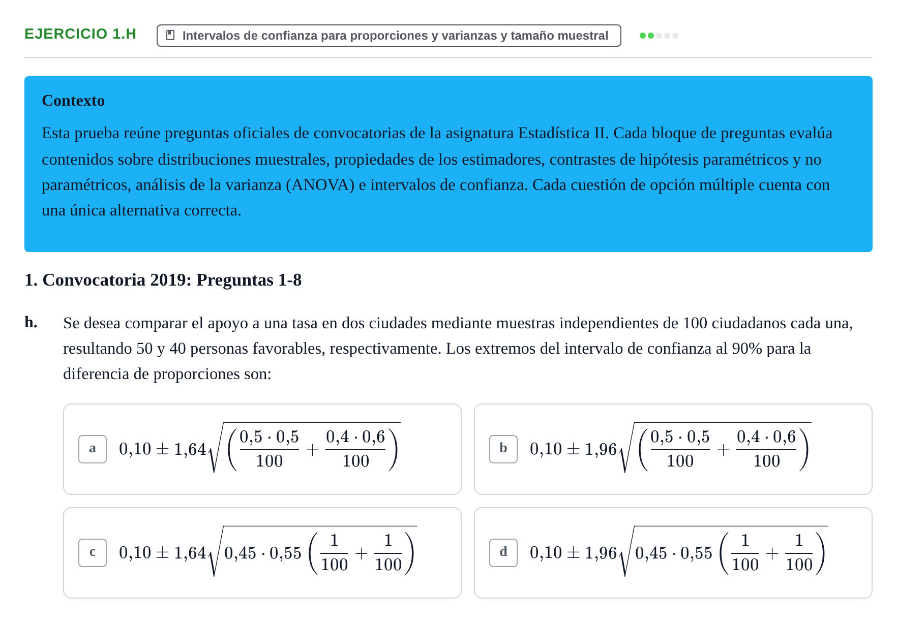 Enunciado: Ejercicio 1.h · Estadística II UB 2019