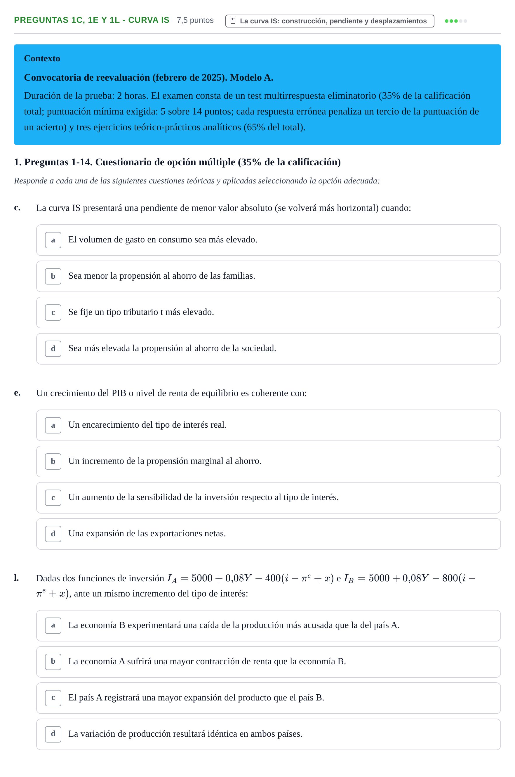 Enunciado: Ejercicio Preguntas 1c, 1e y 1l - Curva IS · Macroeconomía UB 2025