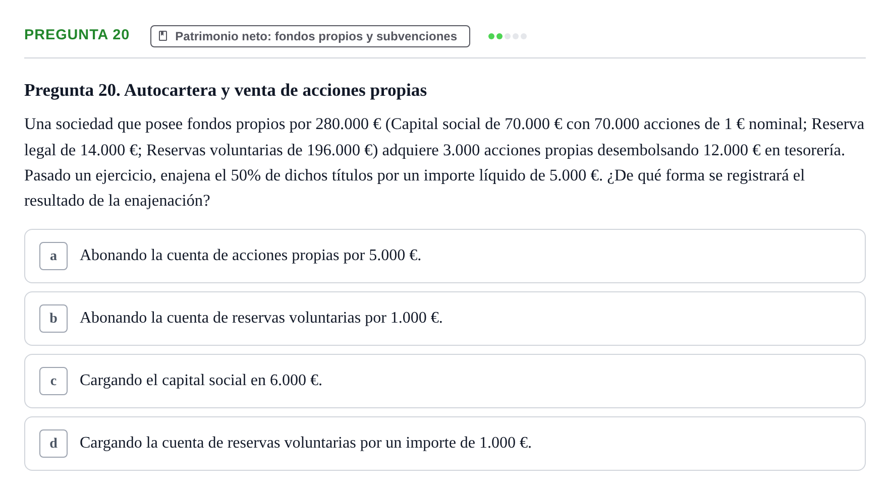 Enunciado: Pregunta 20 · Comptabilitat II UB Examen Parcial de Contabilidad Financiera II