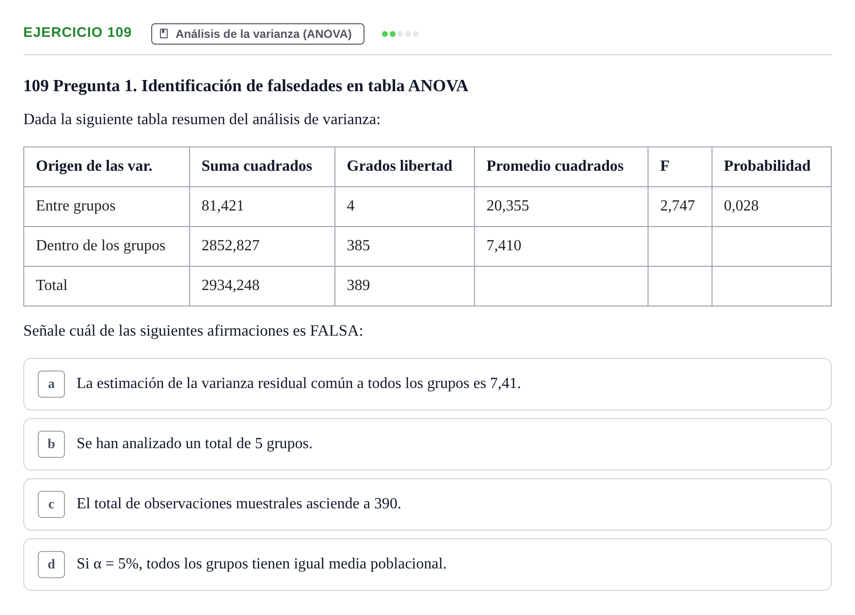 Enunciado: Problema 109 · Estadística II UB Colección de exámenes resueltos de Estadística II (Parte 1)