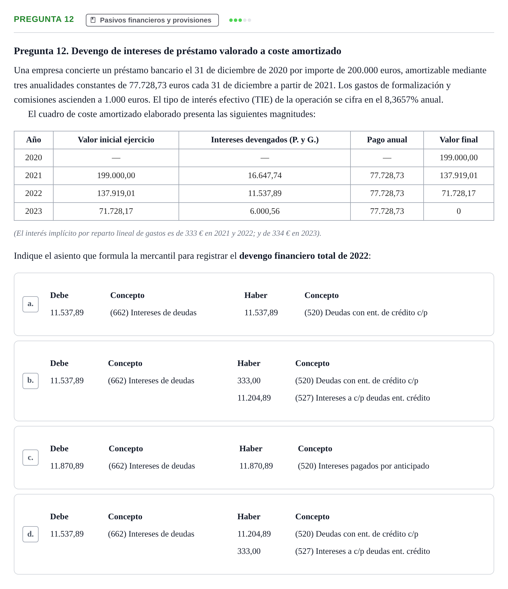 Enunciado: Pregunta 12 · Comptabilitat II UB Examen Final de Contabilidad Financiera II (Parte 1)