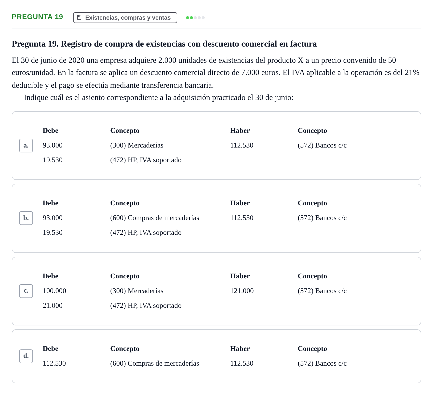 Enunciado: Pregunta 19 · Comptabilitat II UB Examen Final de Contabilidad Financiera II (Parte 1)