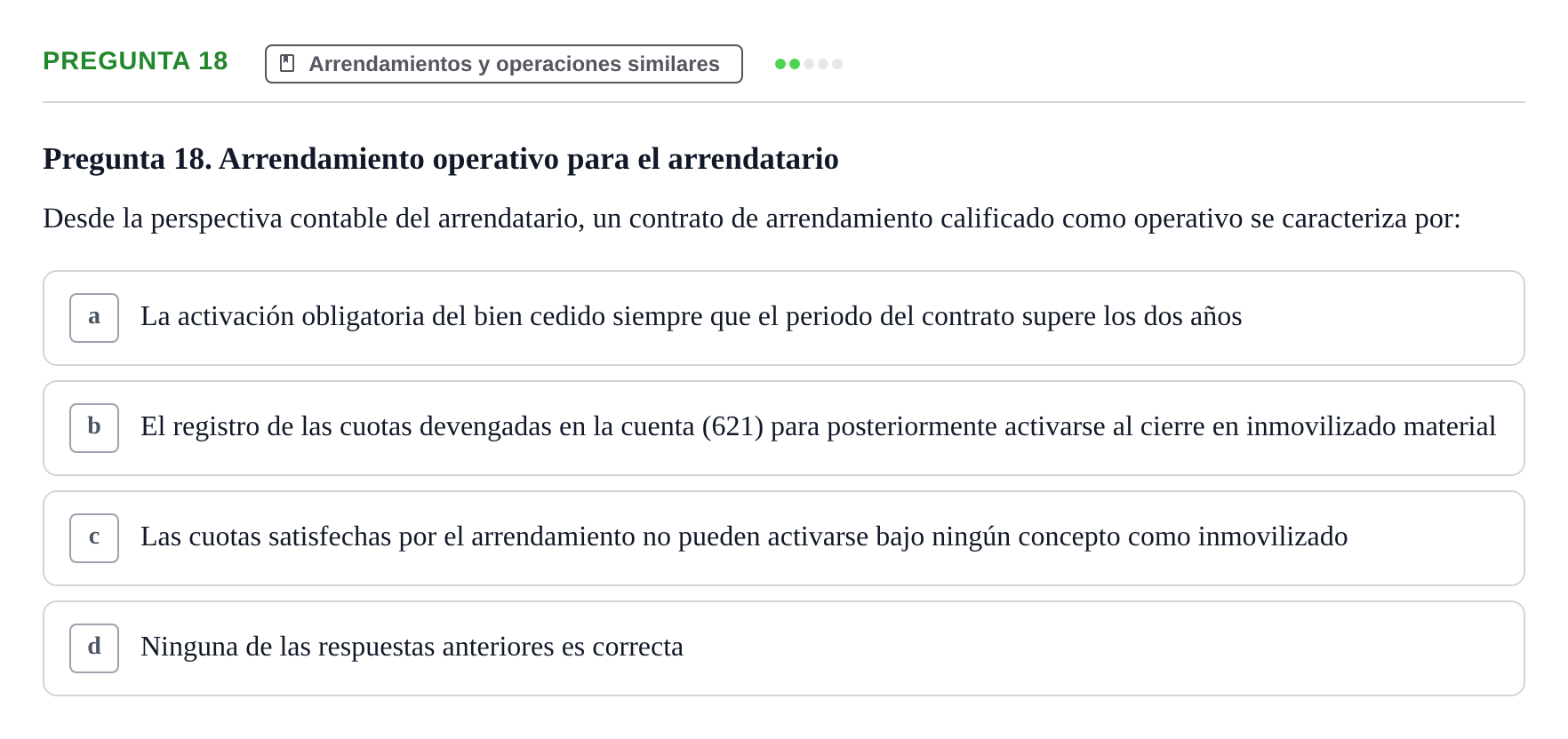 Enunciado: Pregunta 18 · Comptabilitat II UB Examen Final de Enero: Test Evaluación Única