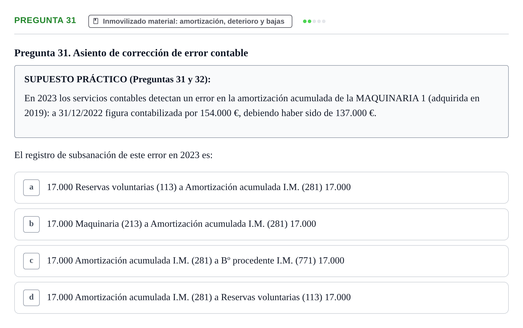 Enunciado: Pregunta 31 · Comptabilitat II UB Examen Final de Enero: Test Evaluación Única