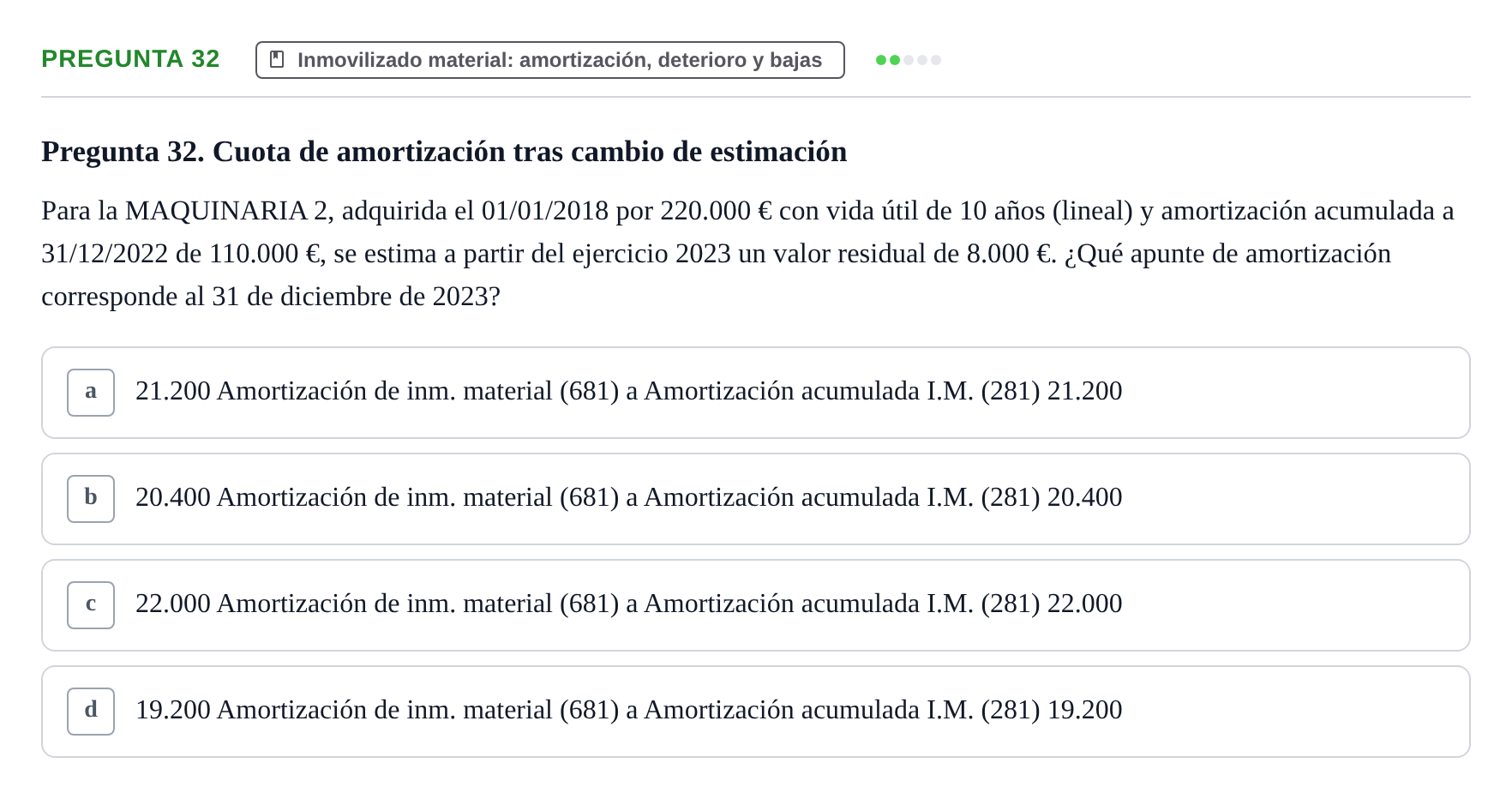 Enunciado: Pregunta 32 · Comptabilitat II UB Examen Final de Enero: Test Evaluación Única