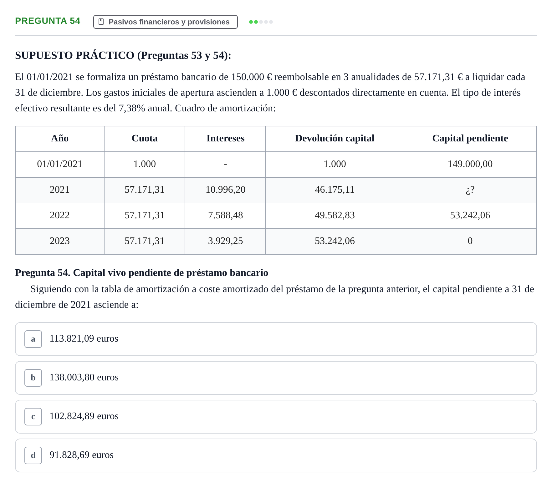 Enunciado: Pregunta 54 · Comptabilitat II UB Examen Final de Enero: Test Evaluación Única