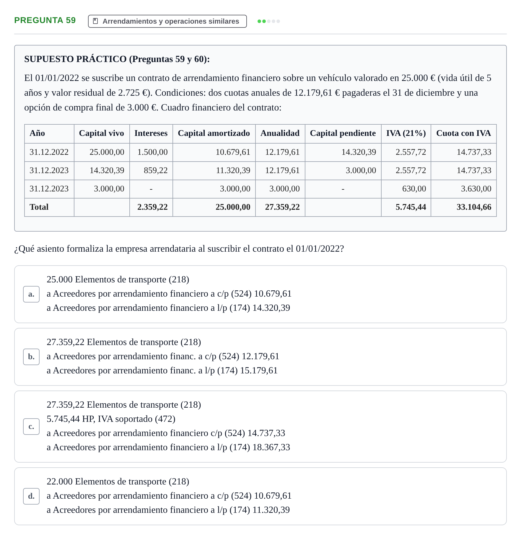 Enunciado: Pregunta 59 · Comptabilitat II UB Examen Final de Enero: Test Evaluación Única
