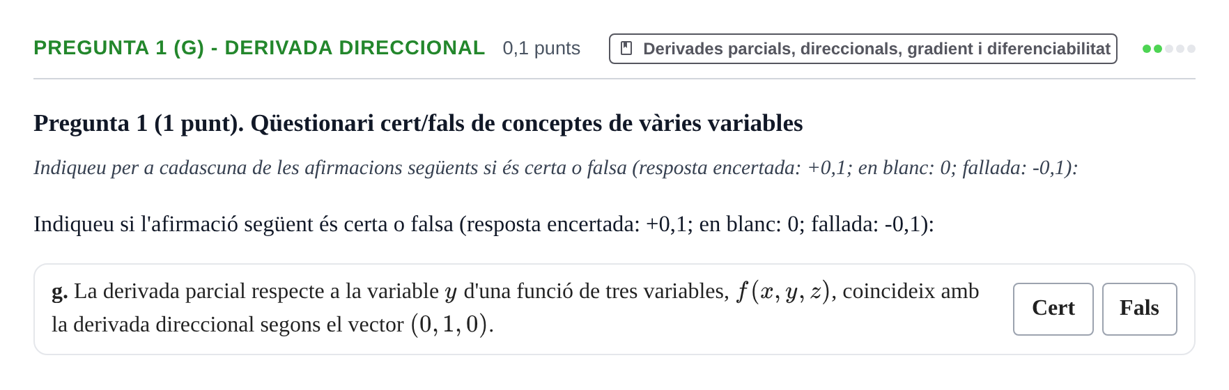 Enunciado: Pregunta 1 (g) - Derivada direccional · Matemáticas I UB 2018