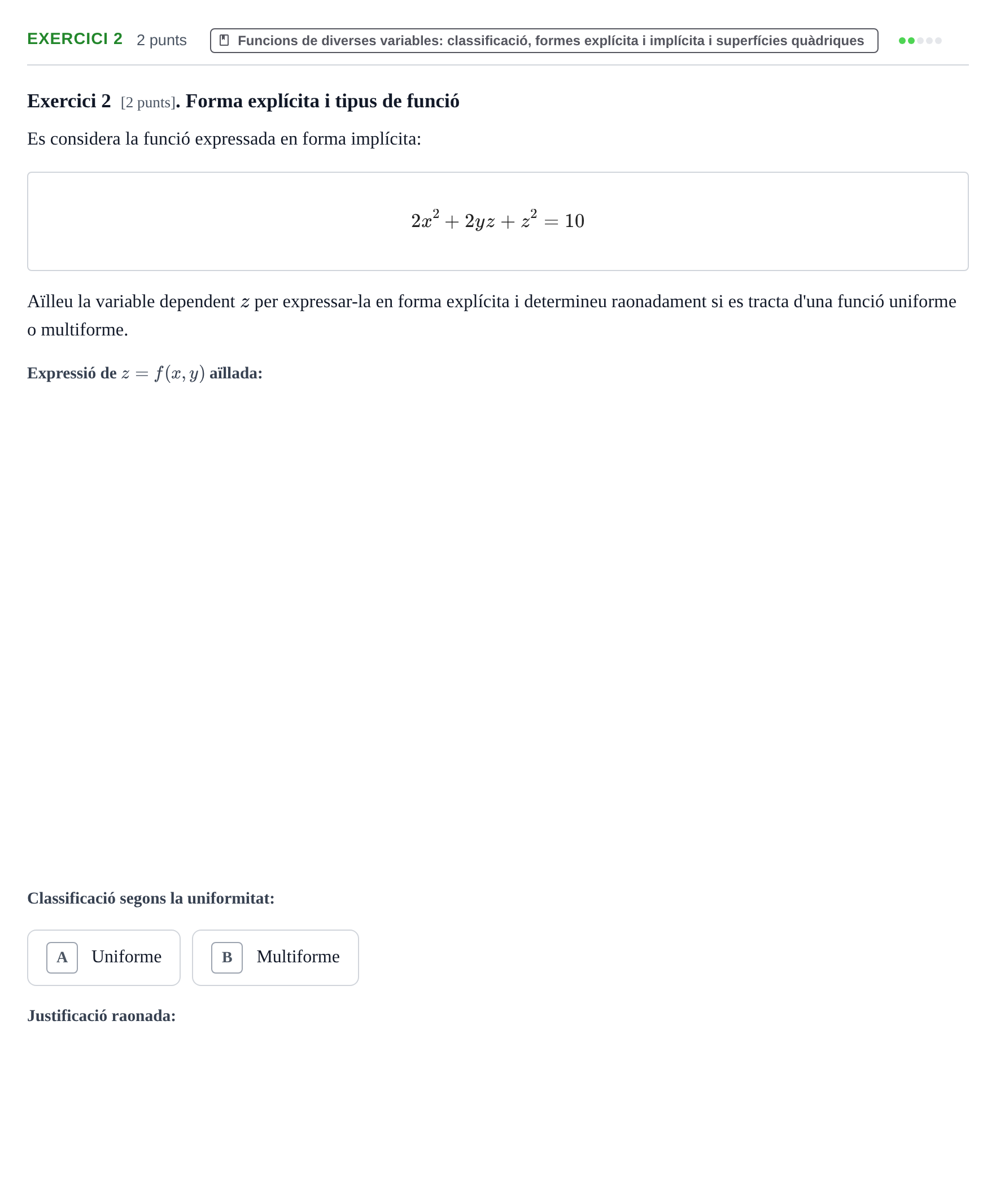 Enunciado: Exercici 2 · Matemáticas II UB 2020