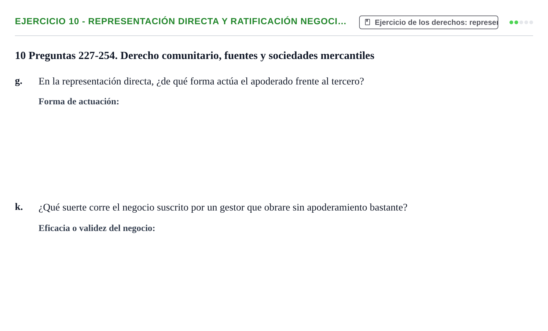 Enunciado: Ejercicio 10 - Representación directa y ratificación negoci… · Introducción al Derecho UB Banco de preguntas tipo test de examen. Introducción al Derecho