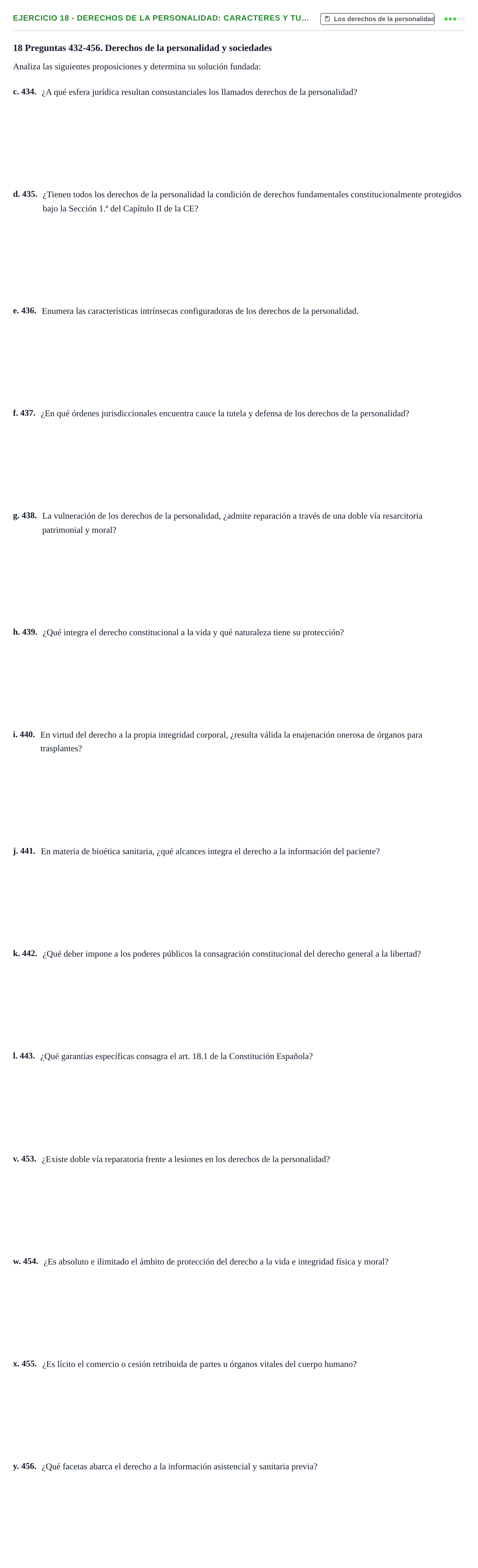 Enunciado: Ejercicio 18 - Derechos de la personalidad: caracteres y tu… · Introducción al Derecho UB Banco de preguntas tipo test de examen. Introducción al Derecho