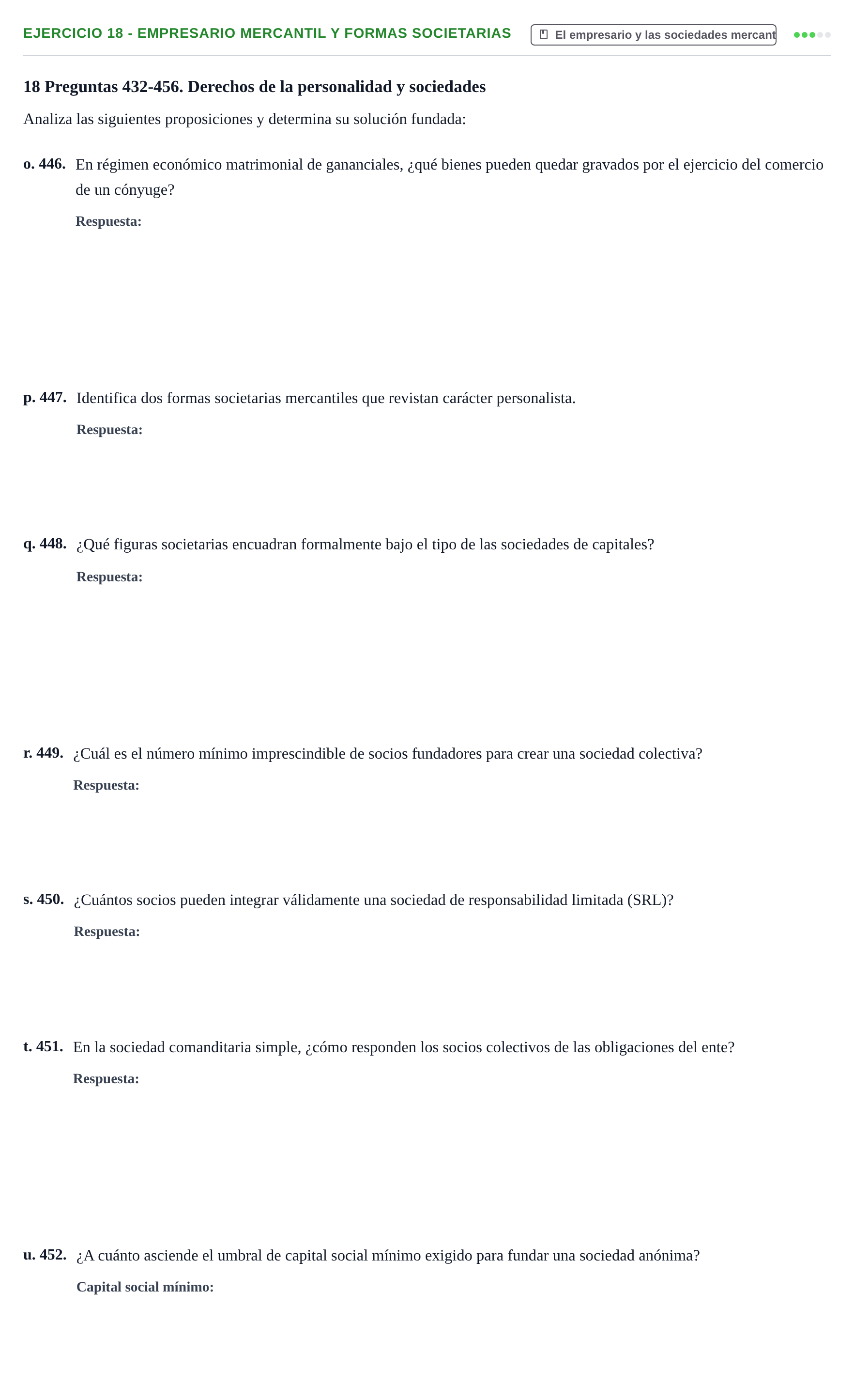 Enunciado: Ejercicio 18 - Empresario mercantil y formas societarias · Introducción al Derecho UB Banco de preguntas tipo test de examen. Introducción al Derecho