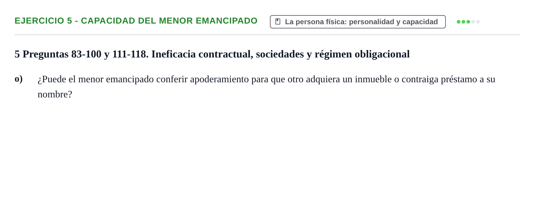 Enunciado: Ejercicio 5 - Capacidad del menor emancipado · Introducción al Derecho UB Banco de preguntas tipo test de examen. Introducción al Derecho