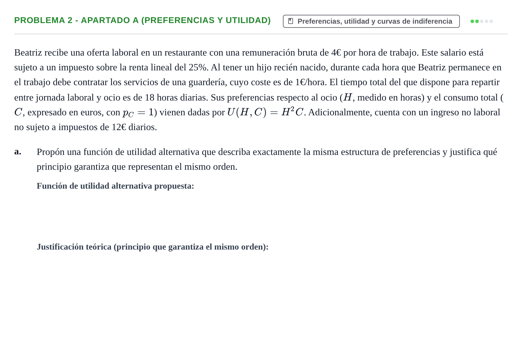 Enunciado: Problema 2 - Apartado a (Preferencias y utilidad) · Microeconomía II UB 2024