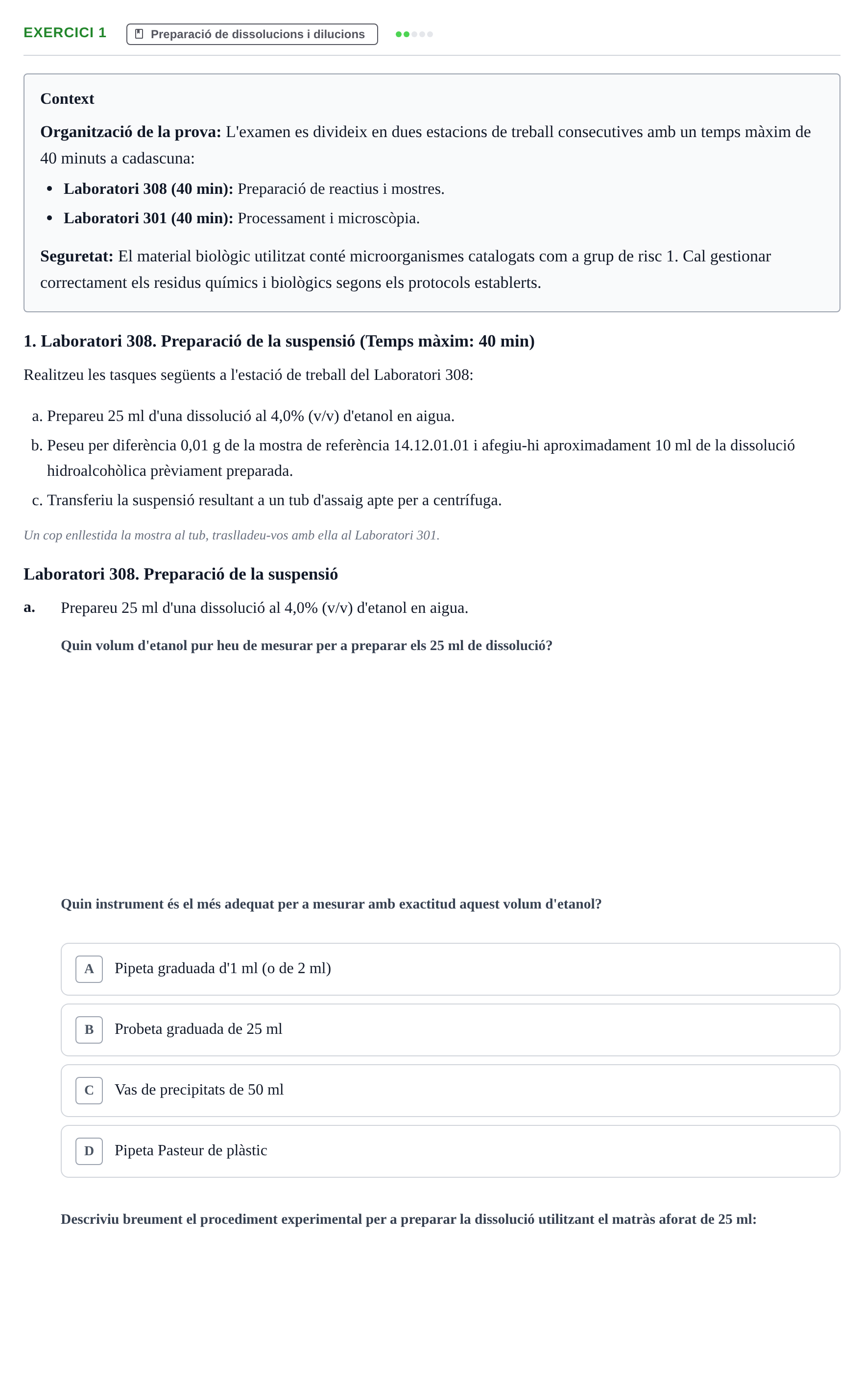 Enunciado: Ejercicio 1 - Preparació de dissolucions i dilucions · Iniciación Al Trabajo de Laboratorio UB Examen pràctic d'Iniciació al Treball de Laboratori