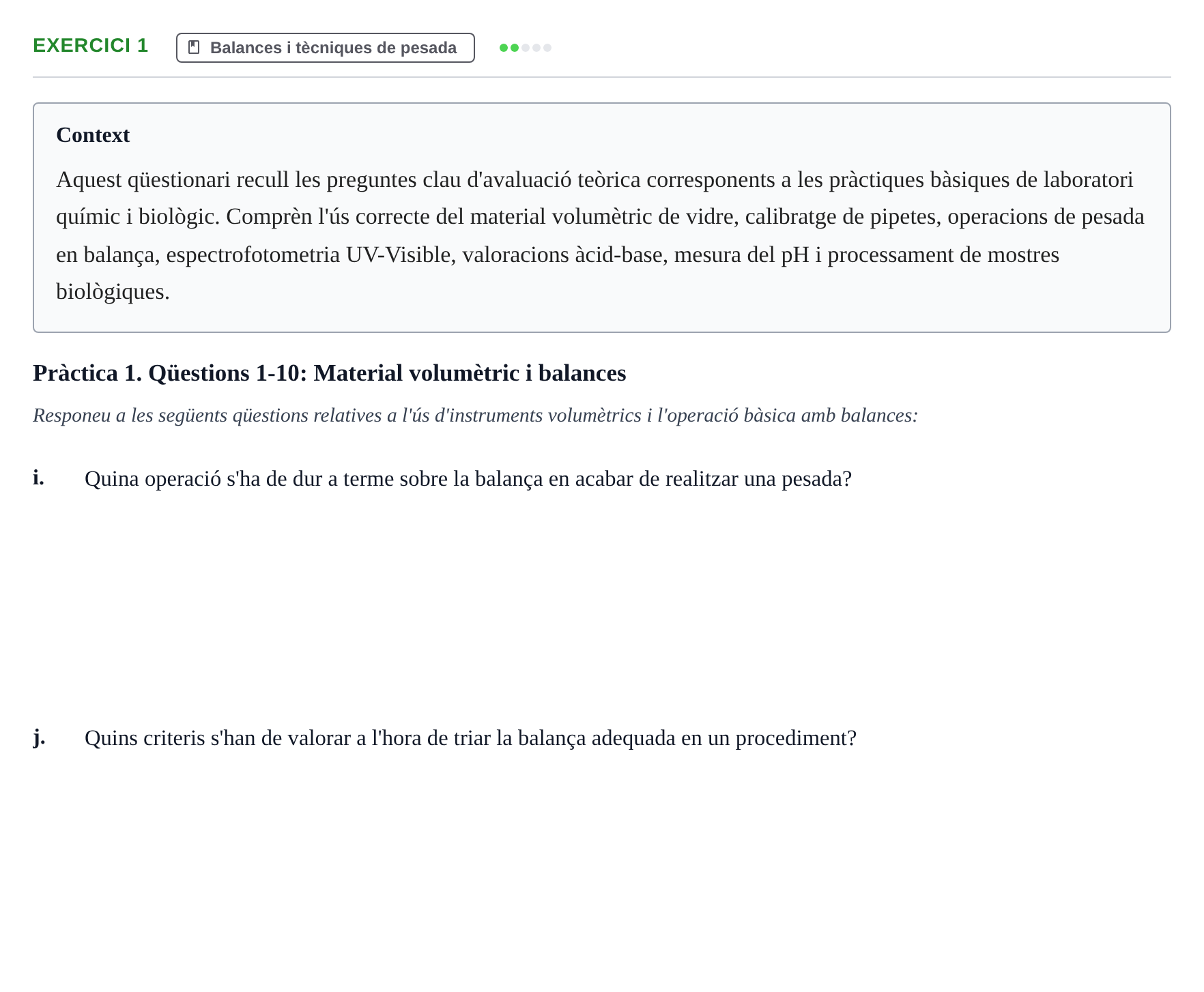 Enunciado: Ejercicio 1 - Balances i tècniques de pesada · Iniciación Al Trabajo de Laboratorio UB Examen teòric i qüestions de pràctiques de laboratori