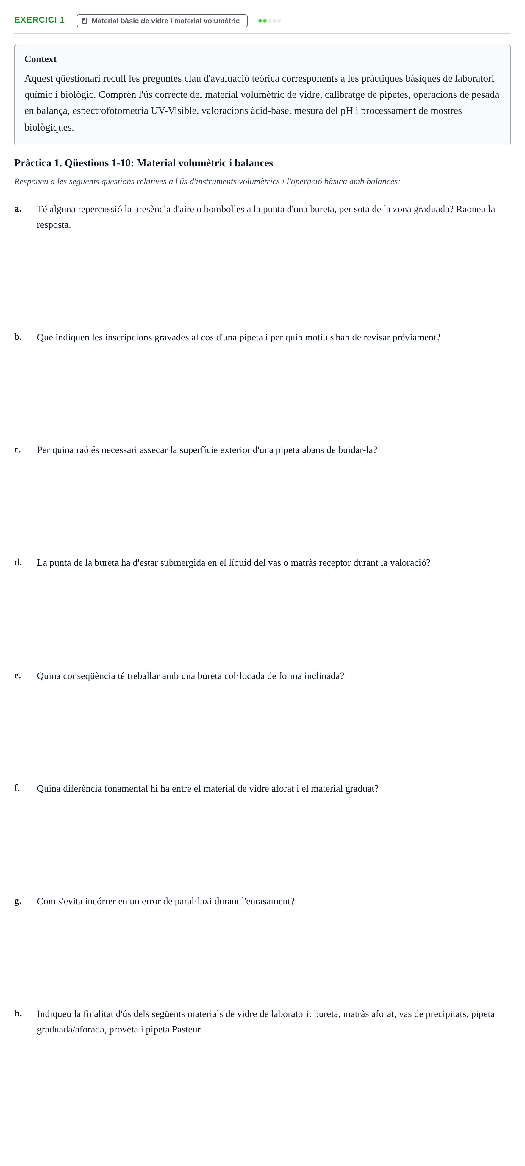 Enunciado: Ejercicio 1 - Material bàsic de vidre i material volumètric · Iniciación Al Trabajo de Laboratorio UB Examen teòric i qüestions de pràctiques de laboratori