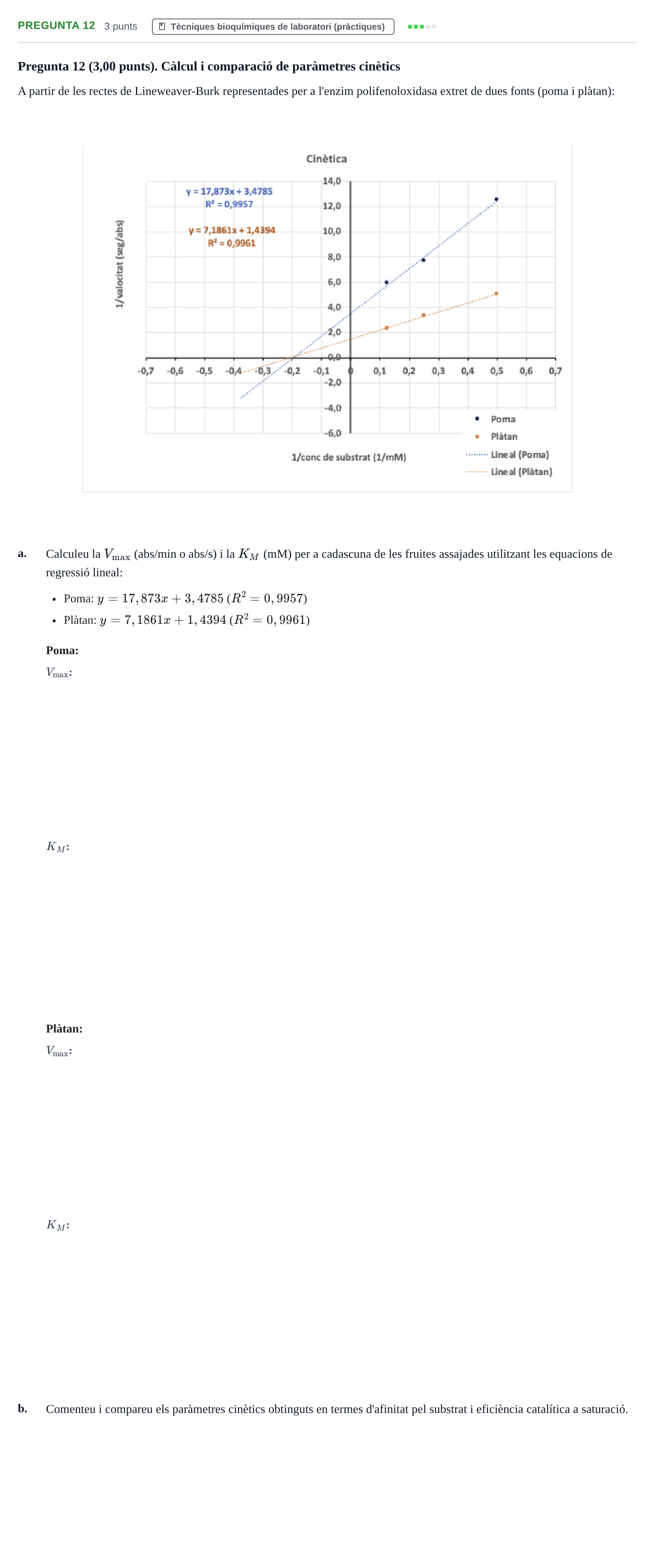 Enunciado: Pregunta 12 · Bioquímica UB Examen de pràctiques de laboratori: Cinètica enzimàtica i electroforesi de proteïnes