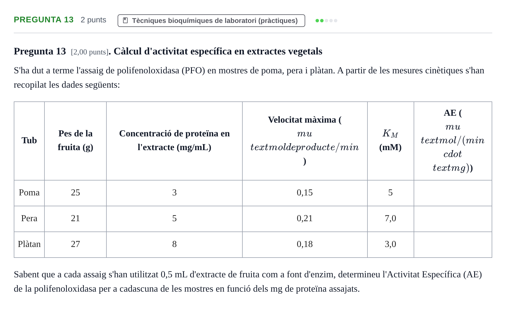 Enunciado: Pregunta 13 · Bioquímica UB Examen de pràctiques de laboratori: Cinètica enzimàtica i electroforesi de proteïnes