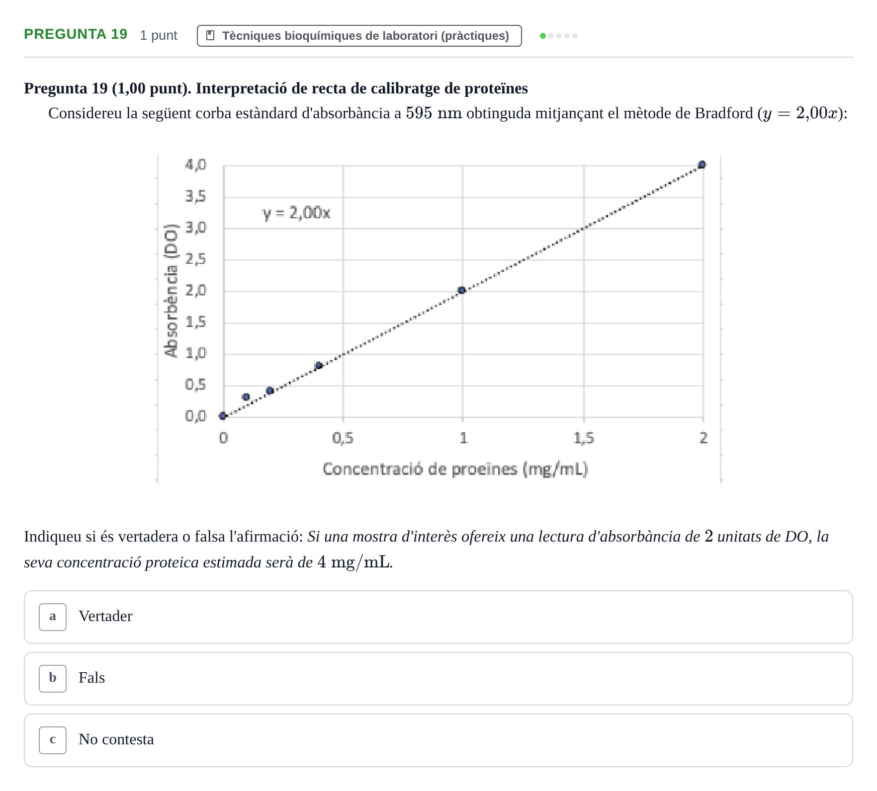 Enunciado: Pregunta 19 · Bioquímica UB Examen de pràctiques de laboratori: Cinètica enzimàtica i electroforesi de proteïnes