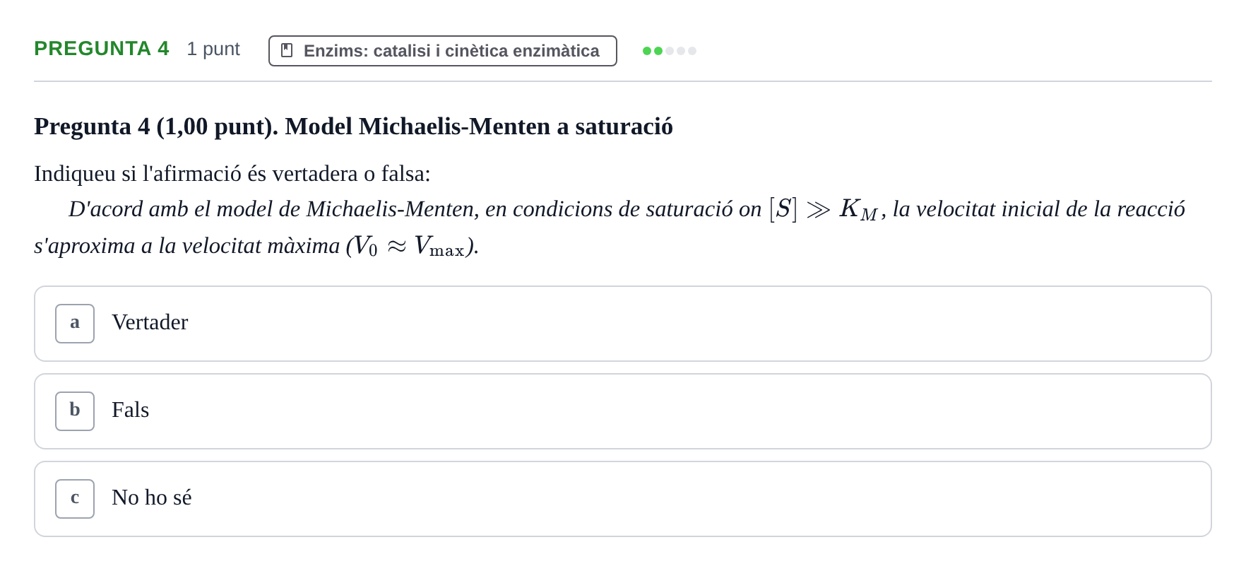 Enunciado: Pregunta 4 · Bioquímica UB Examen de pràctiques de laboratori: Cinètica enzimàtica i electroforesi de proteïnes