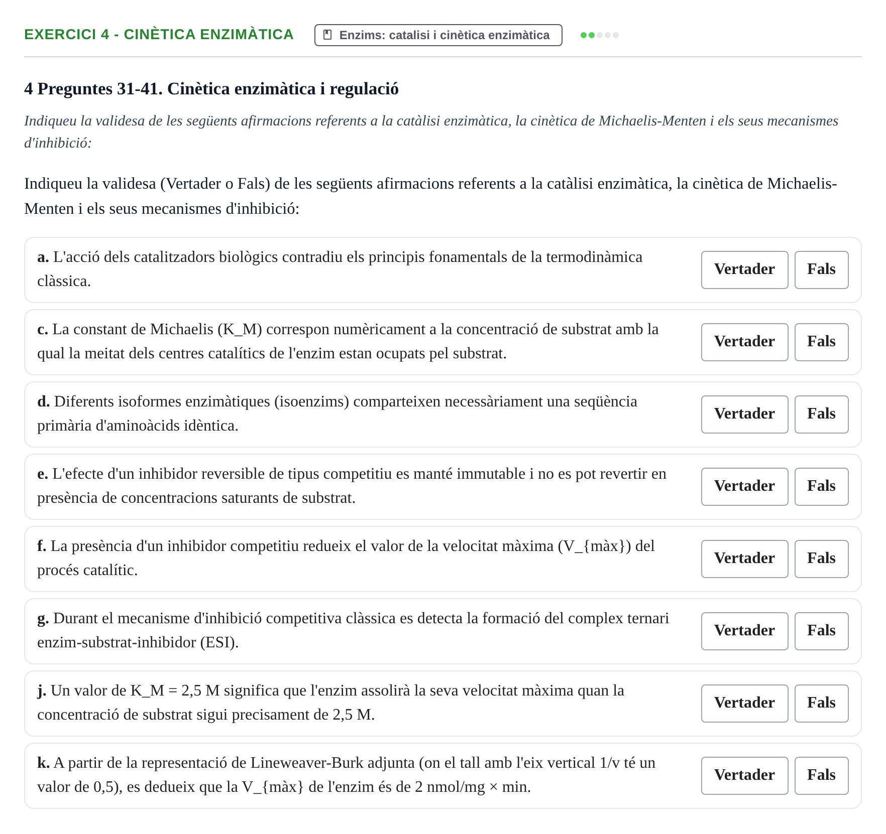 Enunciado: Ejercicio 4 - Cinètica enzimàtica · Bioquímica UB 2017