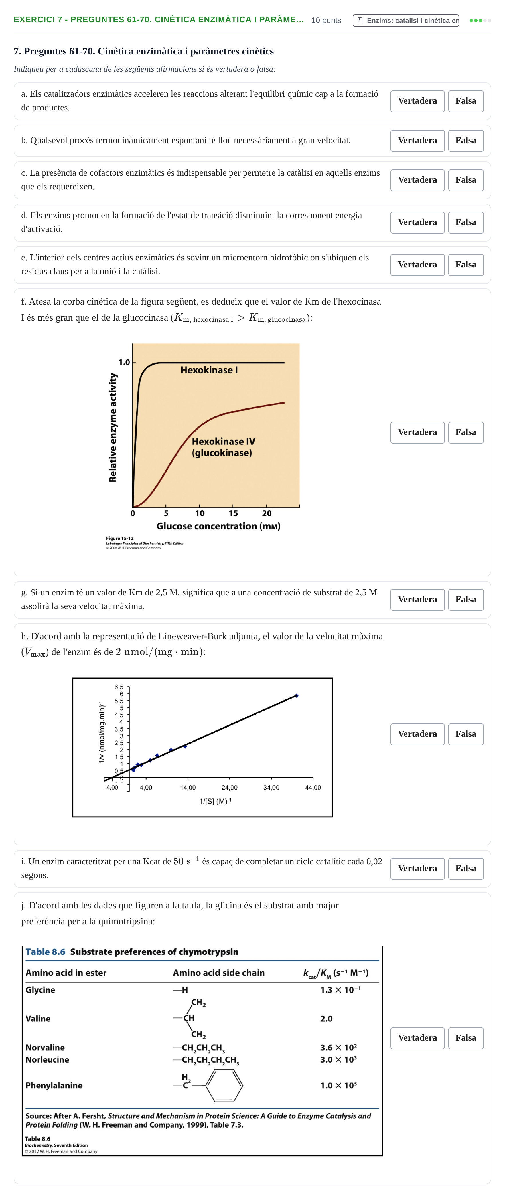 Enunciado: Ejercicio 7 - Preguntes 61-70. Cinètica enzimàtica i paràme… · Bioquímica UB 2014
