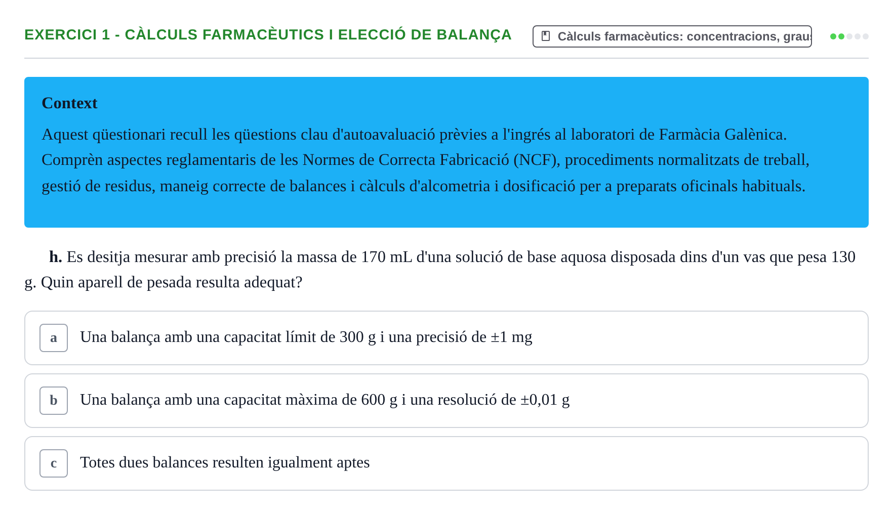 Enunciado: Ejercicio 1 - Càlculs farmacèutics i elecció de balança · Introducción a la Farmacia Galénica UB 2002