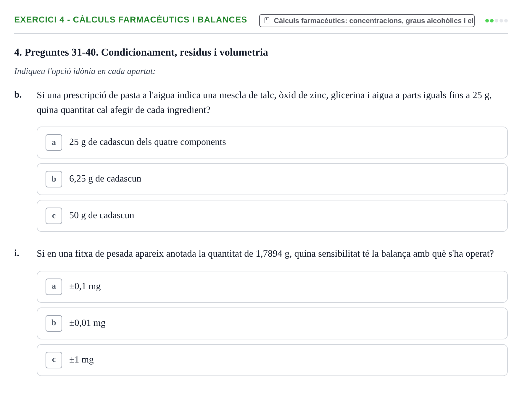 Enunciado: Ejercicio 4 - Càlculs farmacèutics i balances · Introducción a la Farmacia Galénica UB 2002