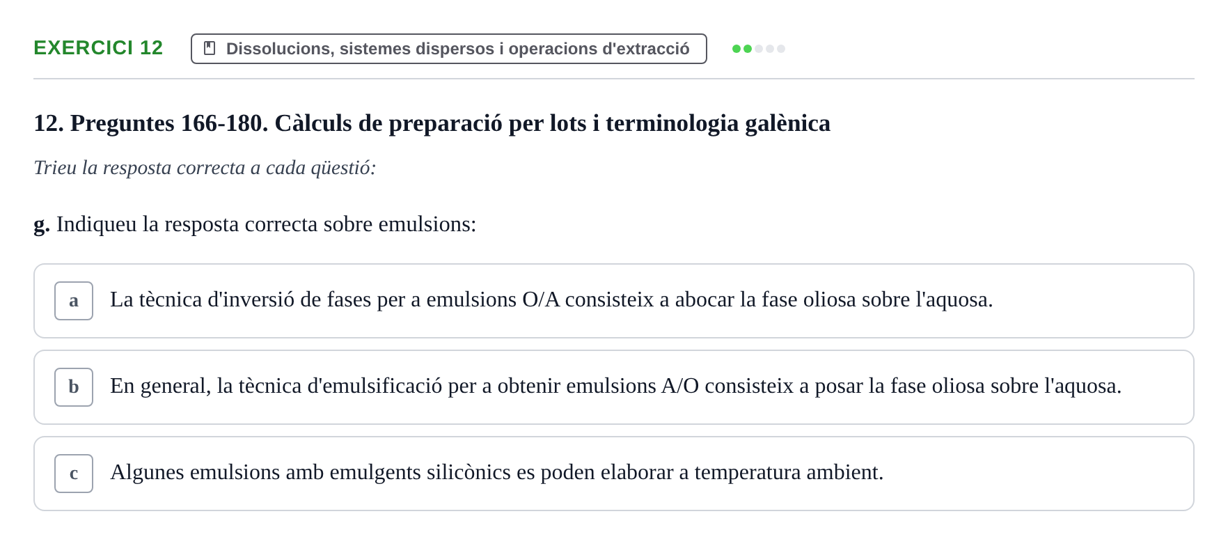 Enunciado: Ejercicio 12 - Dissolucions, sistemes dispersos i operacion… · Introducción a la Farmacia Galénica UB Banc de preguntes Bloc 3: Operacions farmacèutiques bàsiques