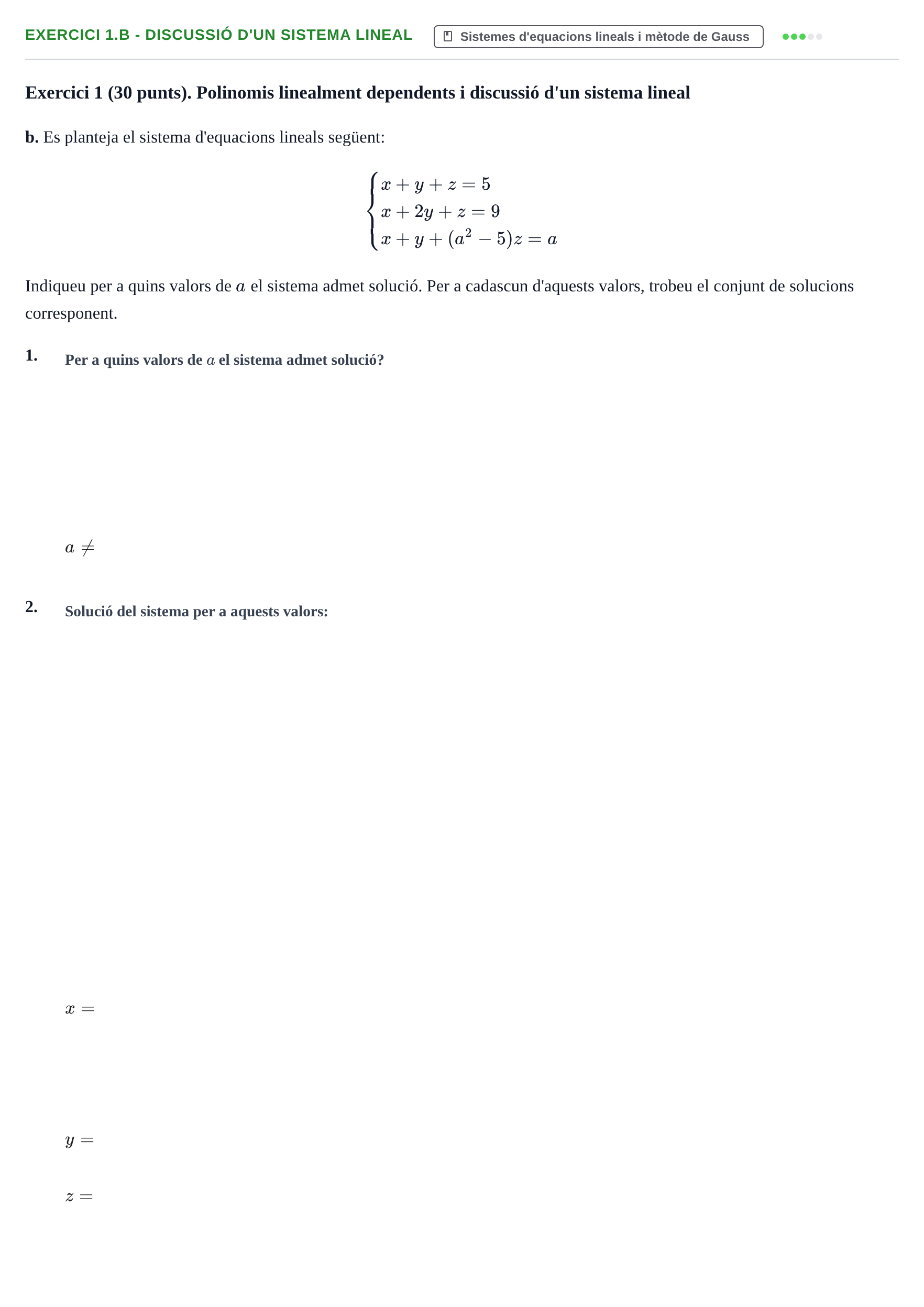 Enunciado: Exercici 1.b - Discussió d'un sistema lineal · Matrices y Vectores UB 2024