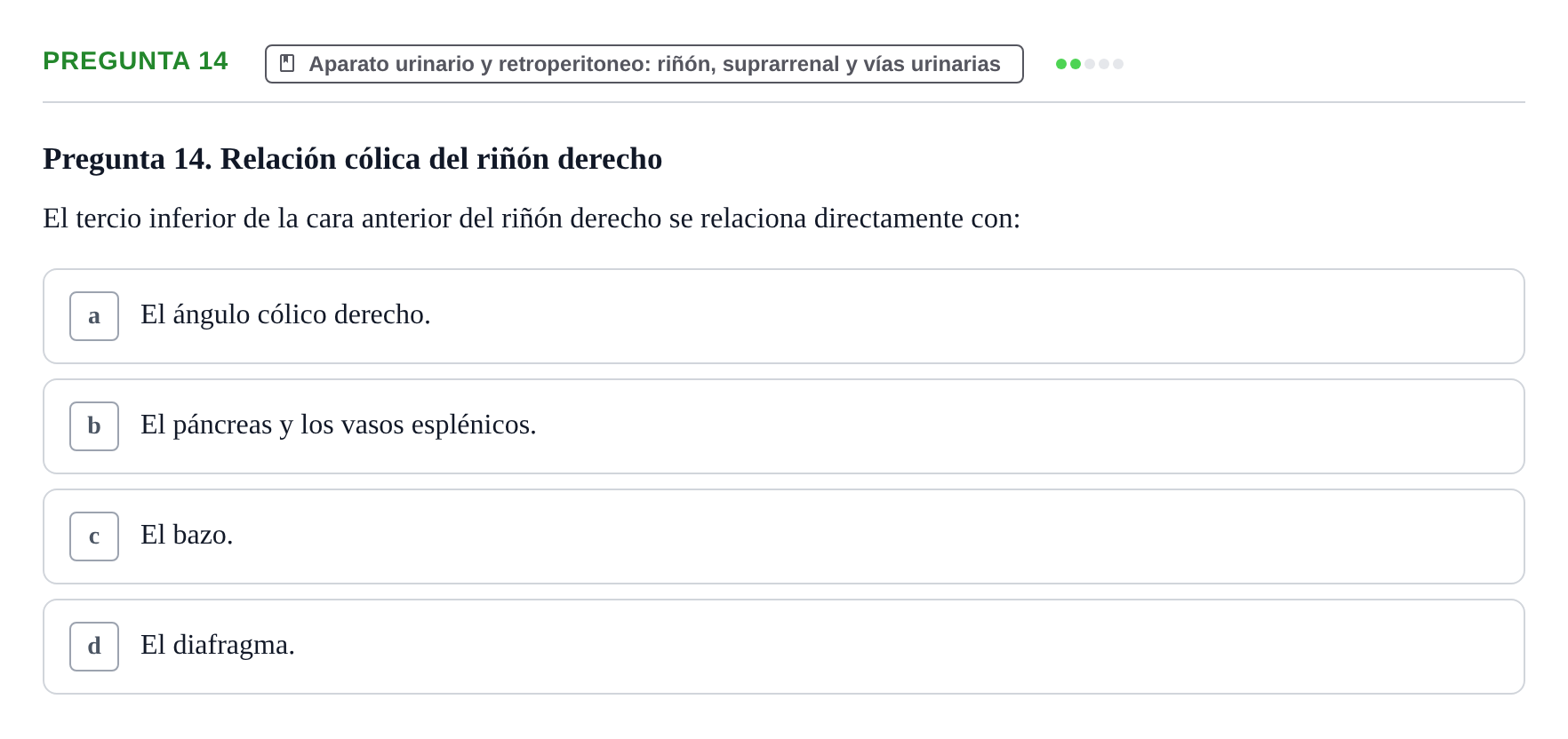 Enunciado: Pregunta 14 · Anatomía y Embriología de Órganos y Sistemas UB Examen de Esplacnología