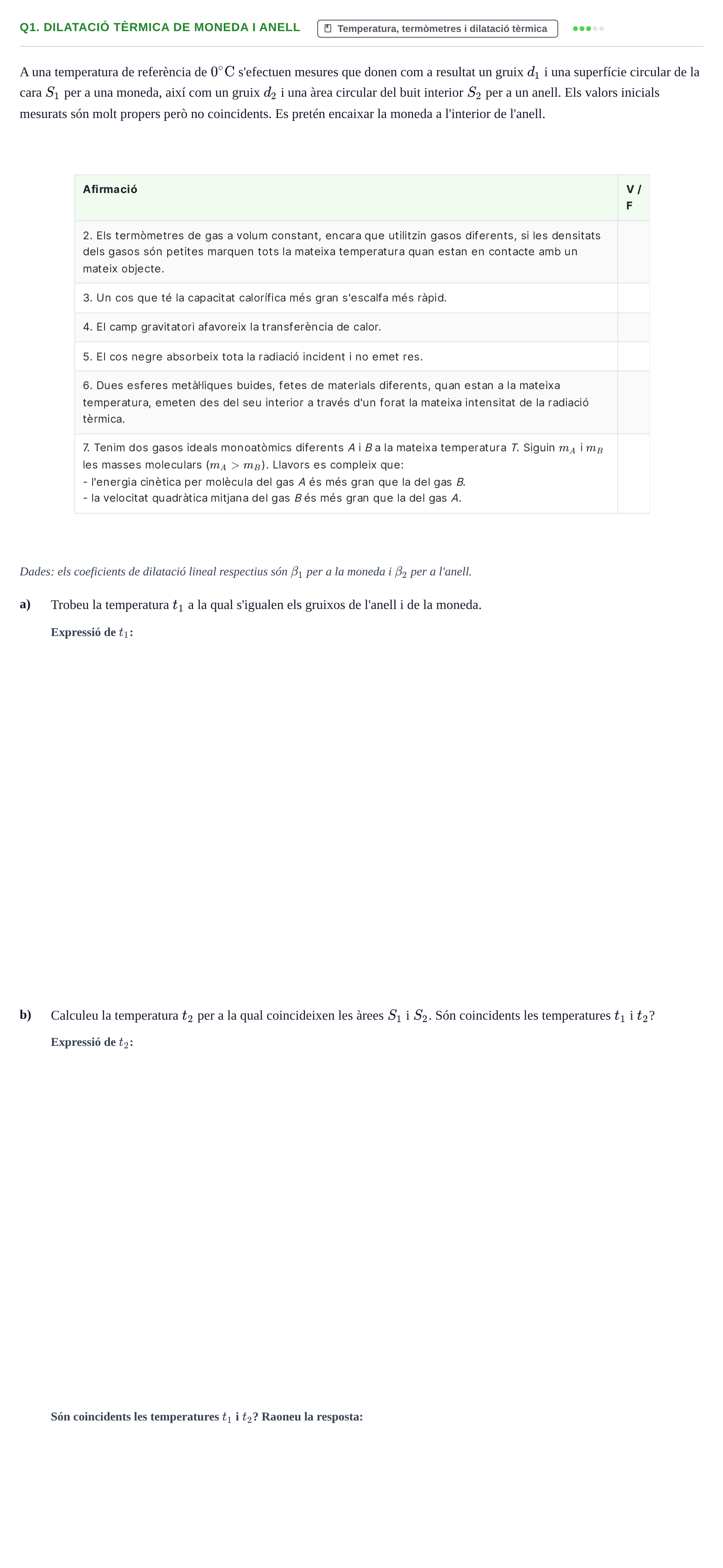 Enunciado: Ejercicio Q1. Dilatació tèrmica de moneda i anell · Fundamentos de Ondas, Fluidos y Termodinámica UB 2015
