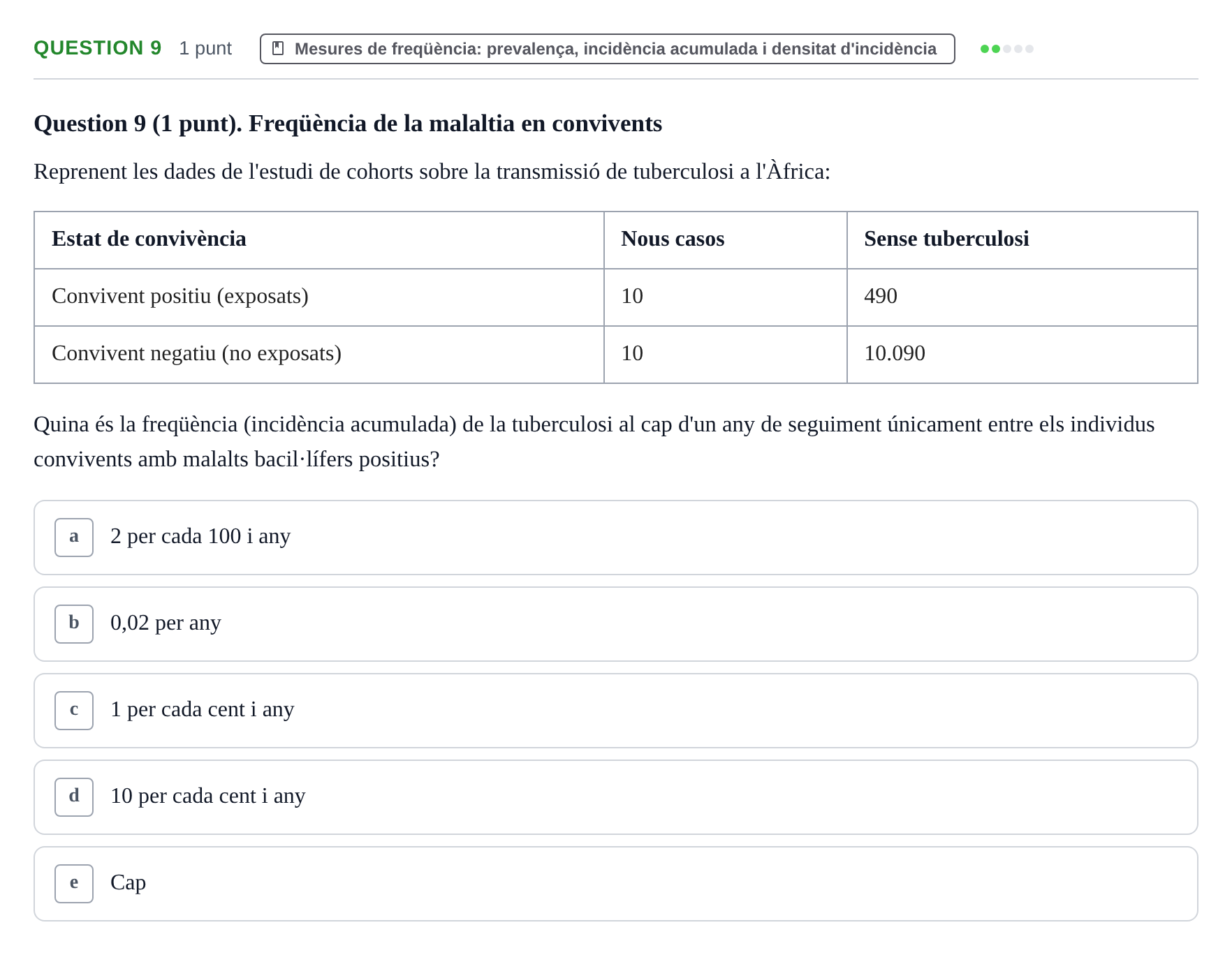 Enunciado: Question 9 · Epidemiología, Salud Pública y Bioestadística UB Avaluació Continuada d'Epidemiologia (18 de desembre)