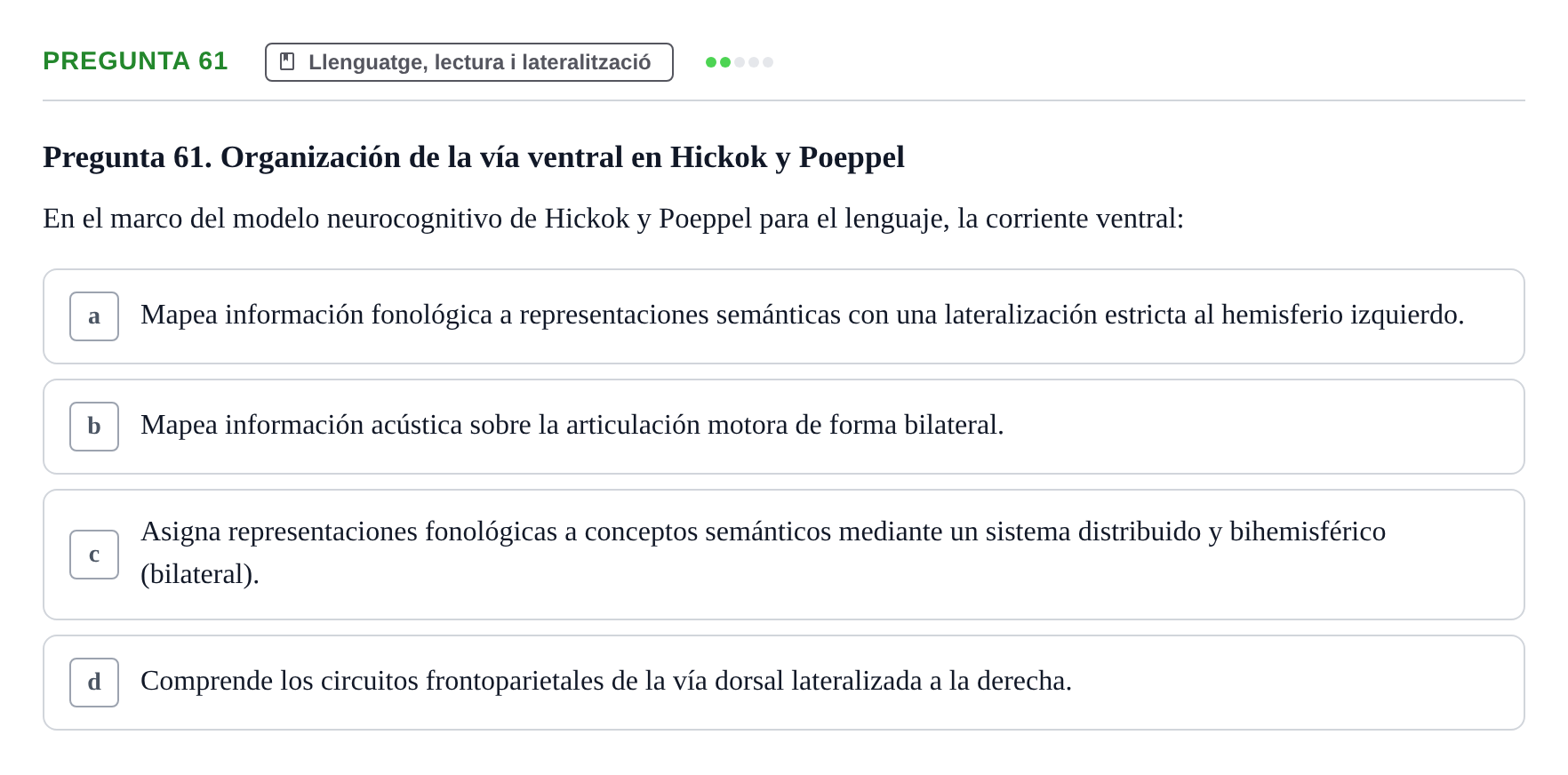 Enunciado: Pregunta 61 · Psicobiología UB Examen Segon Parcial de Psicobiología