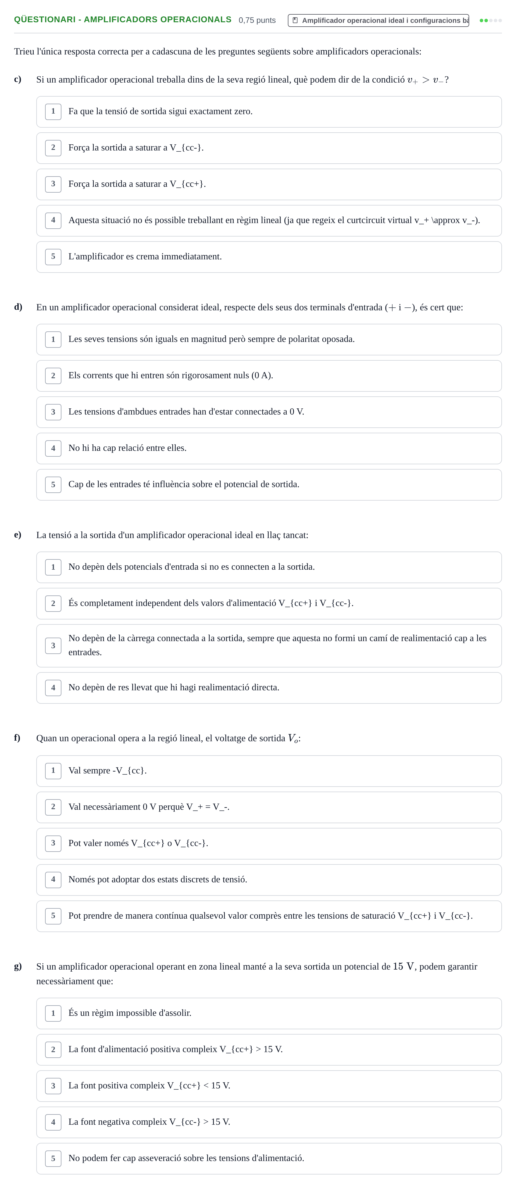 Enunciado: Ejercicio Qüestionari - Amplificadors operacionals · Electrónica UB 2018