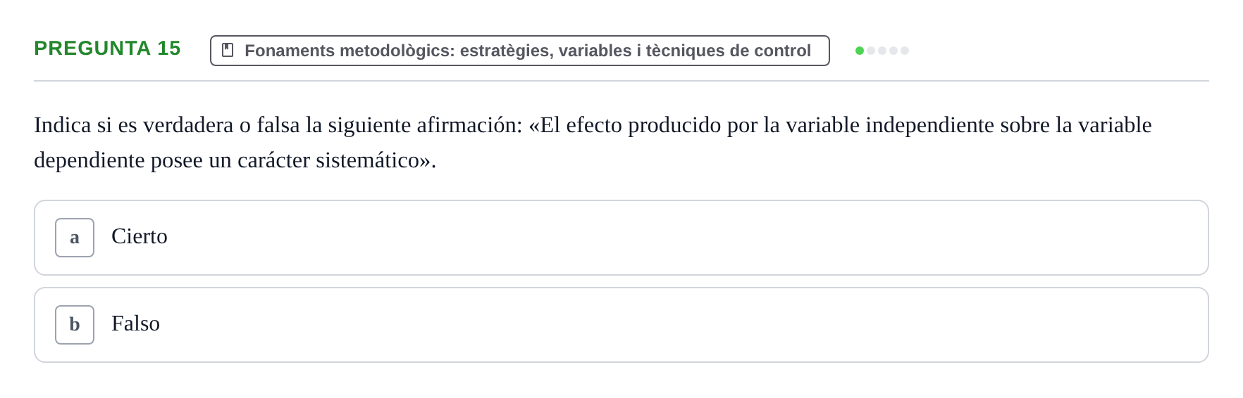 Enunciado: Pregunta 15 · Dissenys de Recerca UB Examen Parcial Bloque II. Diseños de Investigación