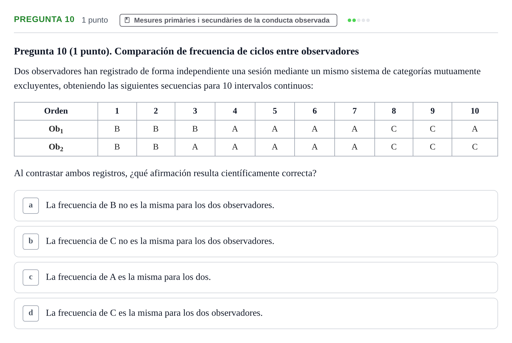 Enunciado: Pregunta 10 · Dissenys de Recerca UB Examen de Diseños de Investigación: Metodología Observacional