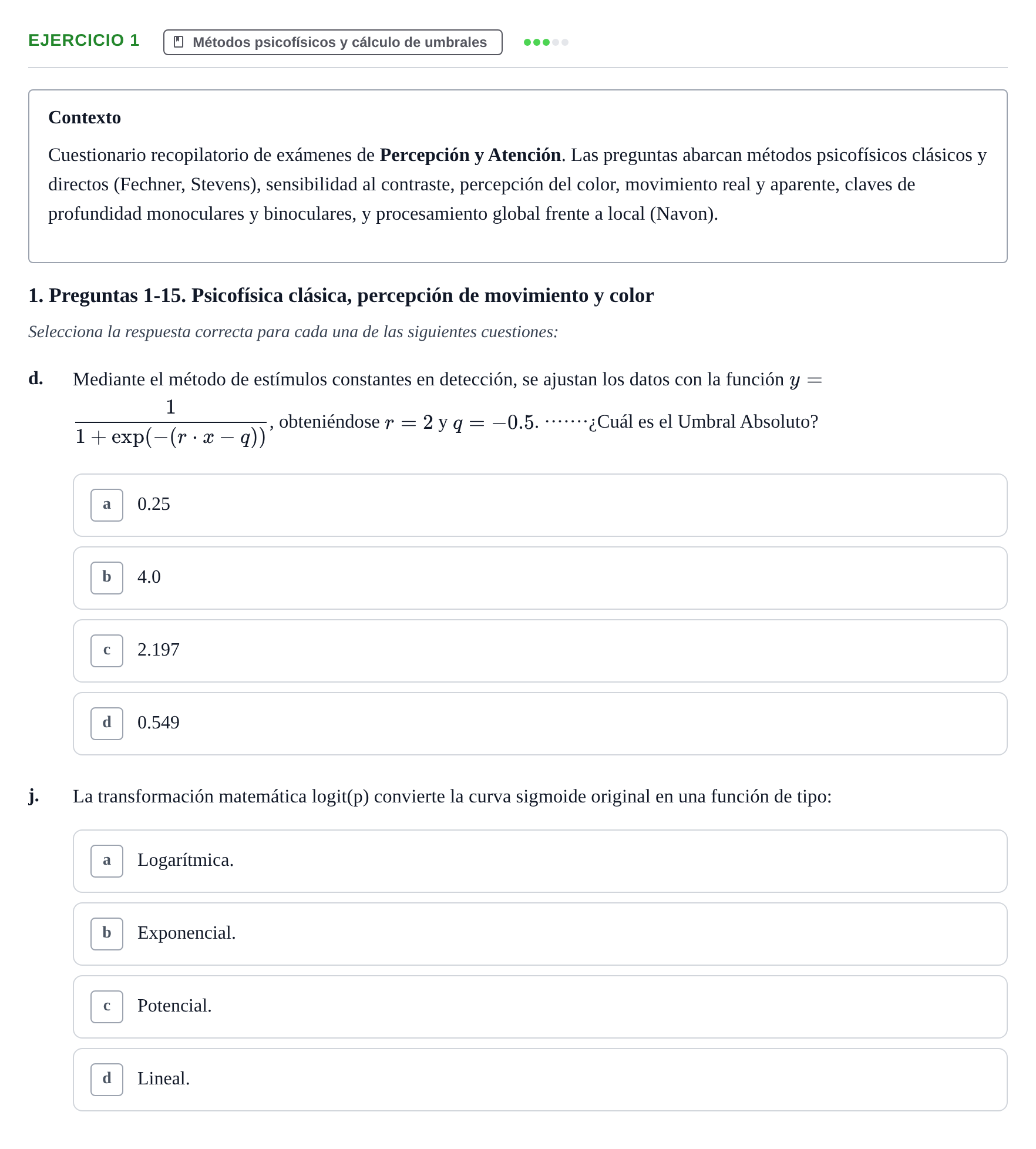 Enunciado: Ejercicio 1 - Métodos psicofísicos y cálculo de umbrales · Percepció I Atenció UB Examen de Percepción y Atención (Recopilación de preguntas)