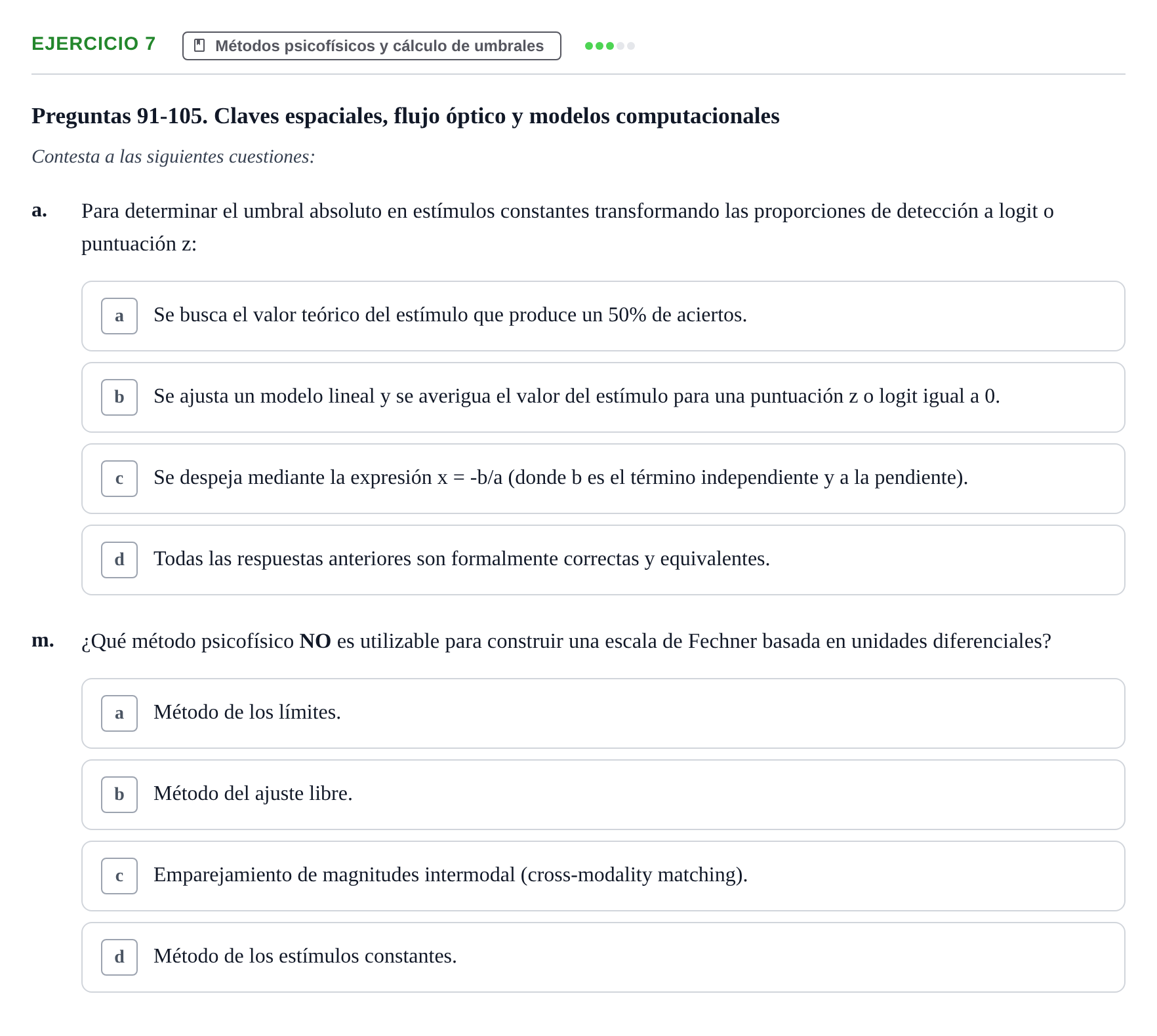 Enunciado: Ejercicio 7 - Métodos psicofísicos y cálculo de umbrales · Percepció I Atenció UB Examen de Percepción y Atención (Recopilación de preguntas)
