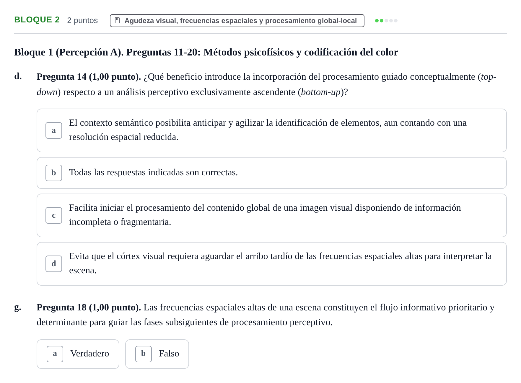 Enunciado: Bloque 2 - Agudeza visual, frecuencias espaciales… · Percepció I Atenció UB Batería de Exámenes: Percepción, Atención y Audición