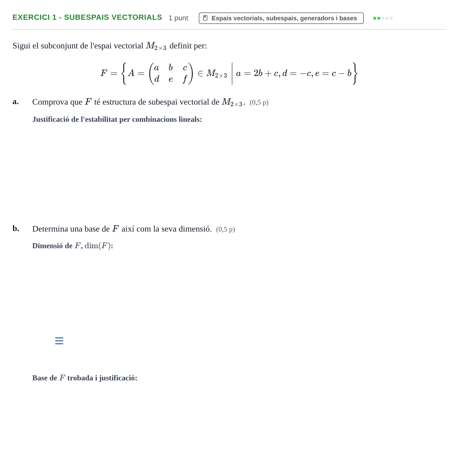 Enunciado: Exercici 1 - Subespais vectorials · Álgebra Lineal UB 2016