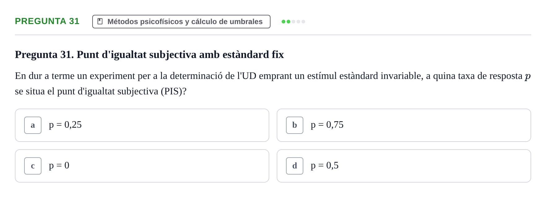 Enunciado: Pregunta 31 · Percepció I Atenció UB Test d'avaluació: Psicofísica