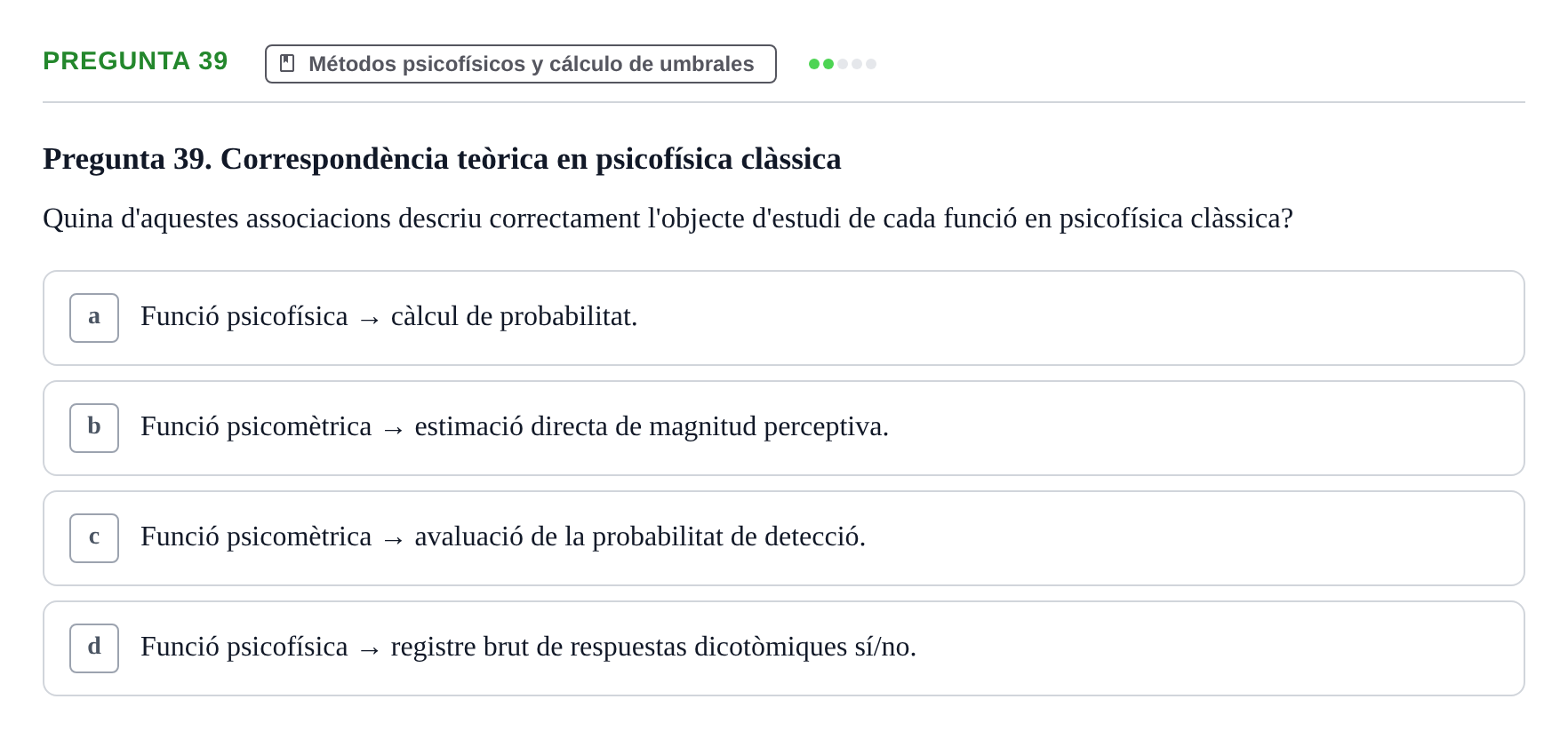 Enunciado: Pregunta 39 · Percepció I Atenció UB Test d'avaluació: Psicofísica