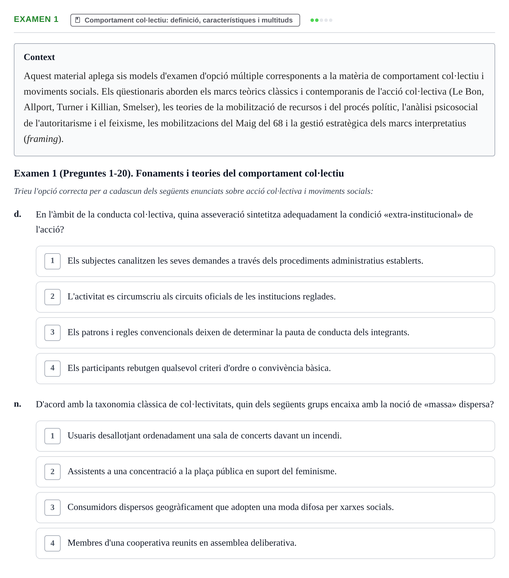 Enunciado: Ejercicio Examen 1 - Comportament col·lectiu: definició, ca… · Psicologia dels Grups i Comportament Col·lectiu UB Recull d'exàmens de Comportament Col·lectiu i Moviments Socials