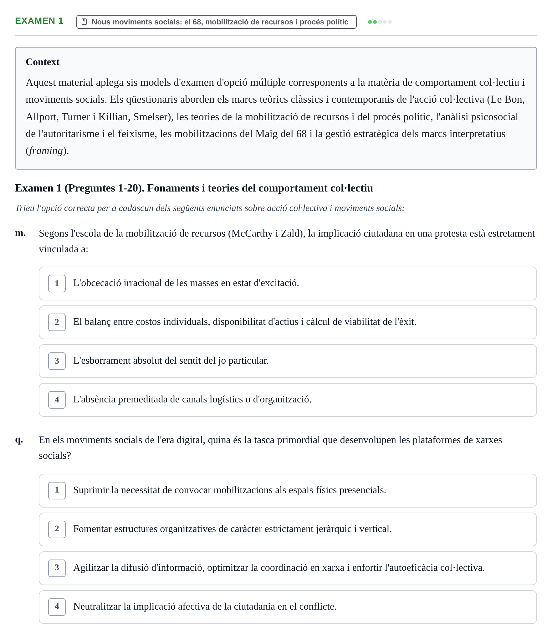 Enunciado: Ejercicio Examen 1 - Nous moviments socials: el 68, mobilit… · Psicologia dels Grups i Comportament Col·lectiu UB Recull d'exàmens de Comportament Col·lectiu i Moviments Socials