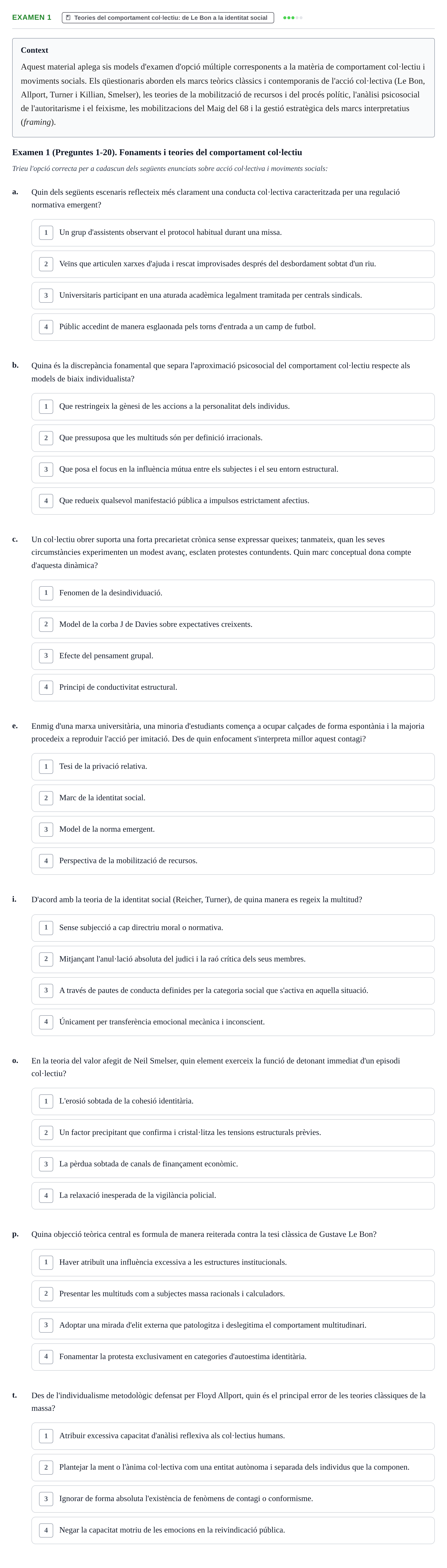 Enunciado: Ejercicio Examen 1 - Teories del comportament col·lectiu: d… · Psicologia dels Grups i Comportament Col·lectiu UB Recull d'exàmens de Comportament Col·lectiu i Moviments Socials