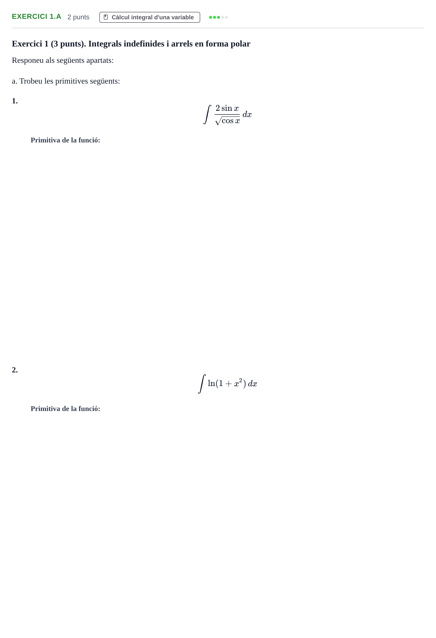 Enunciado: Exercici 1.a - Càlcul integral d'una variable · Matemáticas I UB 2023